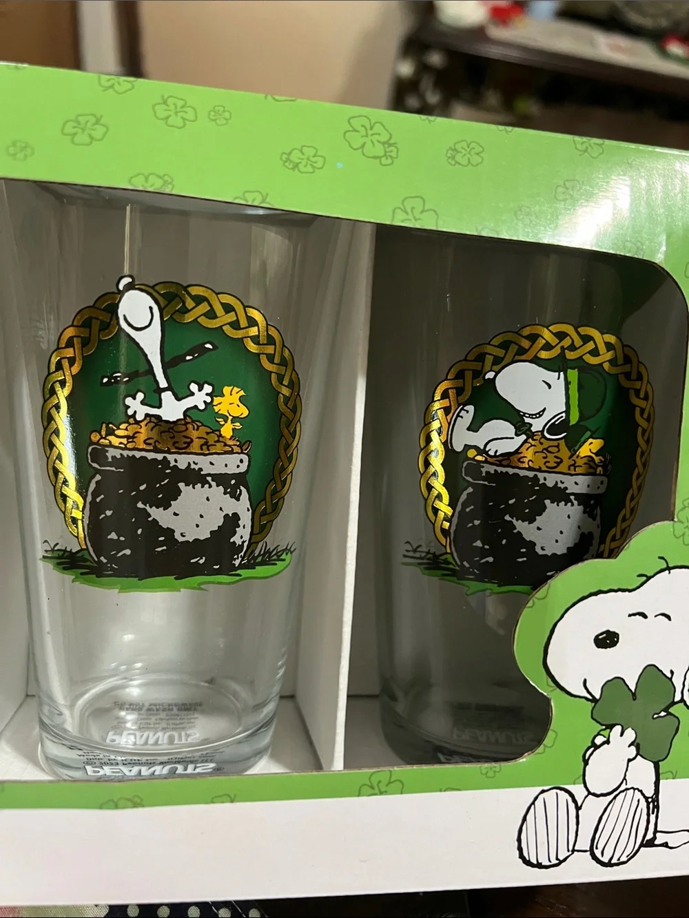 New Peanuts Snoopy 16 oz. Glass 4-Pack - Green Print